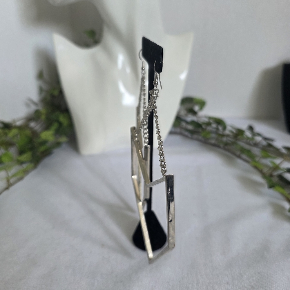 Large Statement Silver Geometric Drop Earrings - image 8
